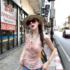 vải cổ chữ V chấm bi màu tương phản xoắn dây treo áo nữ không tay màu hồng