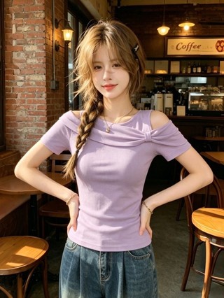 Áo thun ngắn tay trễ vai gió nhẹ màu tím dành cho nữ mùa hè mới phong cách Hàn Quốc thon gọn khí