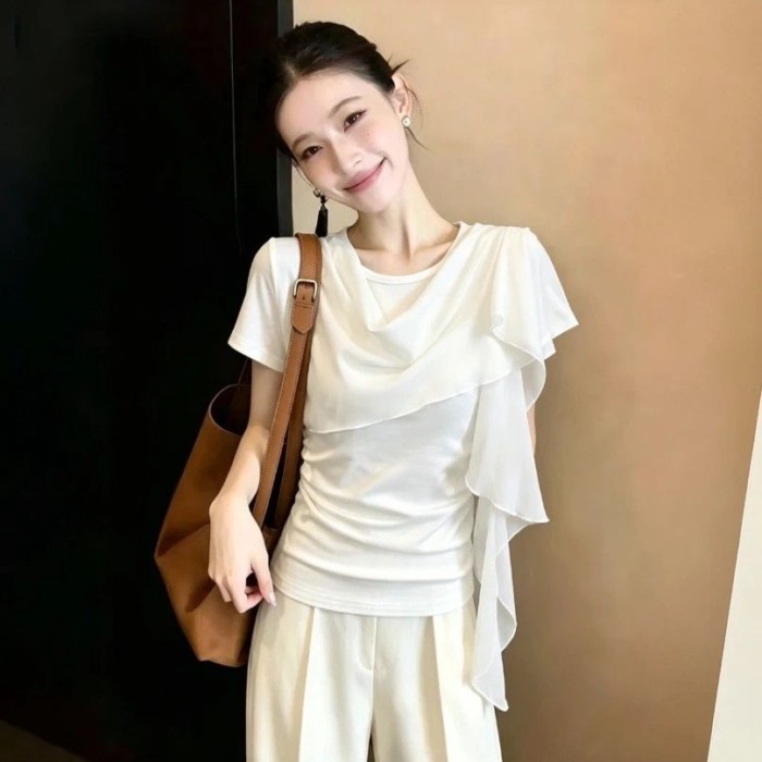 Plus size Áo thun voan ngắn tay không đều phong cách Hàn Quốc áo thun hơi giảm béo mùa hè cho nữ