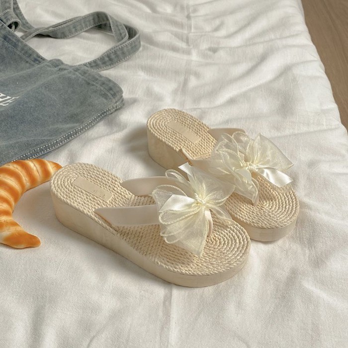 Dép xỏ ngón đế dày thắt nơ phong cách resort nhẹ nhàng cho nữ mặc như áo khoác ngoài, dép đi biể