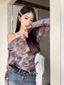 Áo thun lưới dài tay nhuộm một vai dành cho nữ mùa hè thiết kế xương đòn kiểu Pháp thích hợp