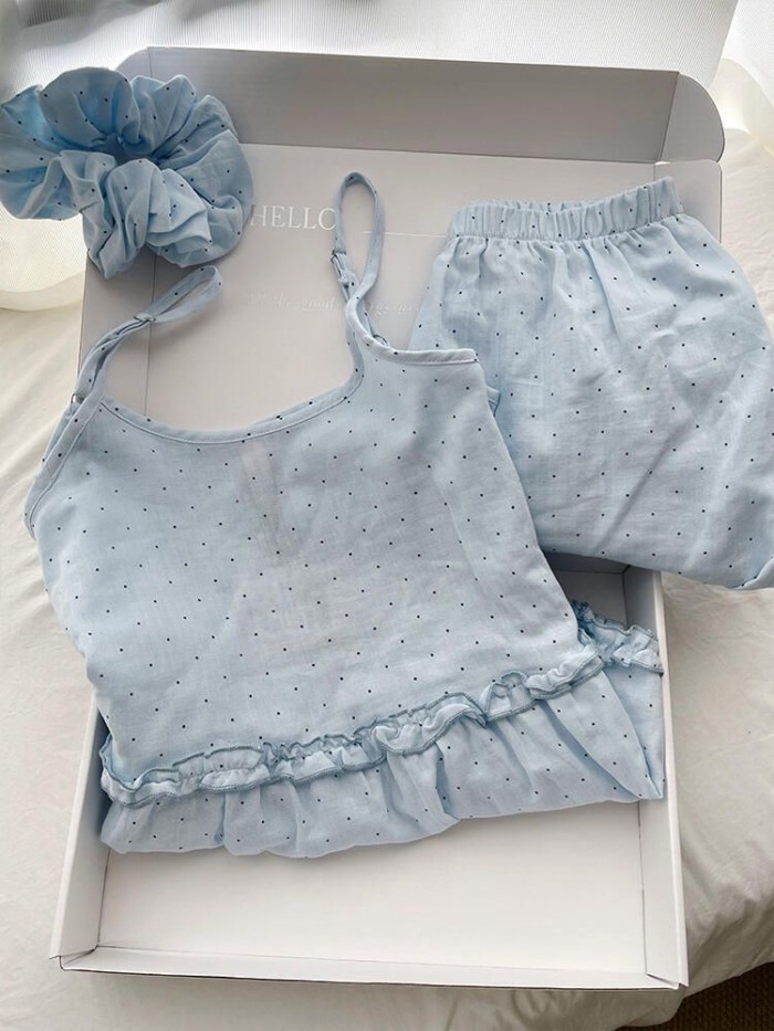 Bộ đồ ngủ có dây đeo in họa tiết chấm bi màu xanh ngọt ngào phong cách Hàn Quốc dành cho nữ m