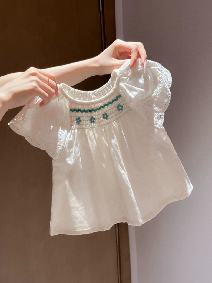 Girls Summer Lace Sleeve Babydoll Shirt Feminine Flower Embroidery Shirt Baby Fresh Summer We