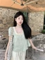 Phiên bản Hàn Quốc của áo sơ mi cổ búp bê ren ngọt ngào tay ngắn dáng rộng tay phồng mùa hè á