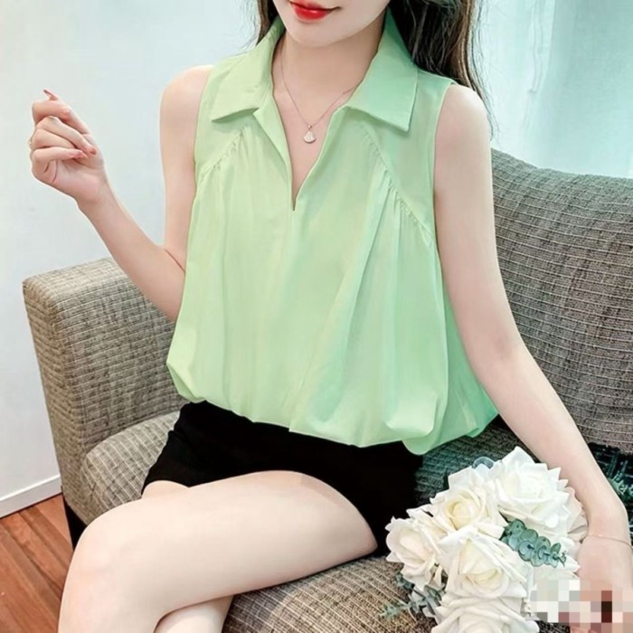 Thời Trang Mùa Hè Pháp Thiết Kế Áo Sơ Mi Ve Áo Màu Trắng Phong Cách Mới Áo Không Tay Cho Nữ B