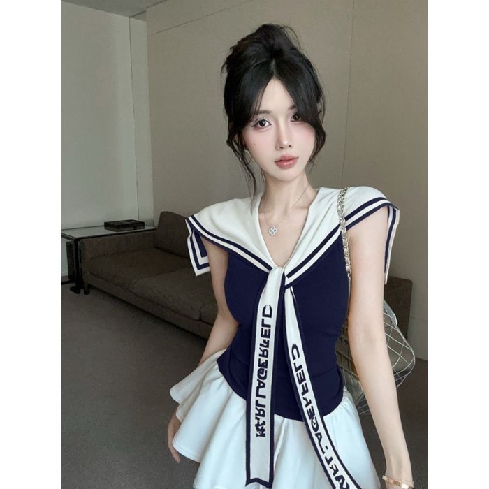 hải quân cổ áo màu sắc tương phản băng lụa áo len phù hợp với phụ nữ mùa hè váy cao giảm béo váy