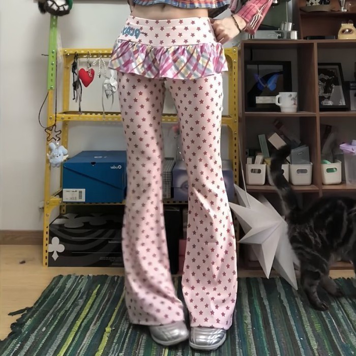Phong cách đại học ngôi sao kẻ sọc mông rèm giả hai mảnh bootcut quần nữ mùa xuân hè mỏng hot