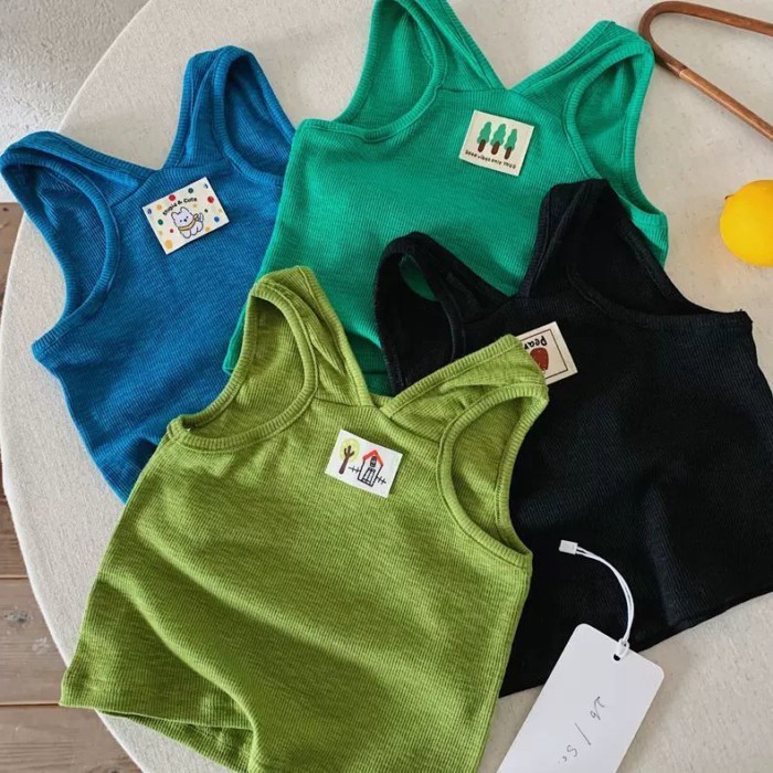 Children's Solid Color Vest Men's Summer New Children's Cartoon Label Top Baby High Elastic S