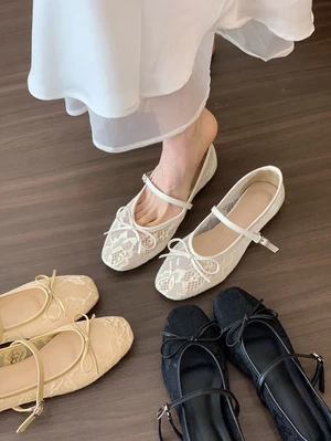 rỗng phong cách Trung Hoa Mary Jane đáy phẳng miệng nông phối ren với váy nơ mới buổi tối giày n