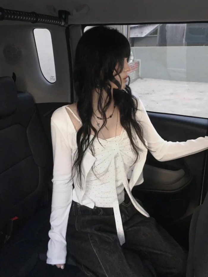 Áo hai dây nơ ba lê chấm bi ngọt ngào mùa hè mới dành cho nữ áo len đan đa năng