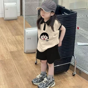 Bé Gái Áo Vest Bộ Mùa Hè Mới In Hoạt Hình Áo Sơ Mi Có Ve Áo Top Cho Bé Dáng Rộng Năm Thứ Năm Quầ