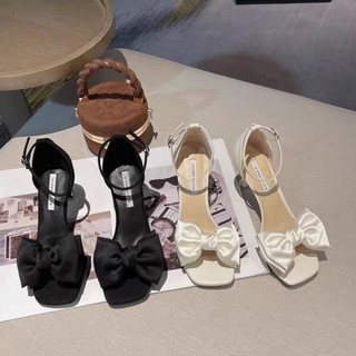 Fairy Style Bow High Heels For Women Summer New Sexy Square Toe Open Toe Stiletto Heel Buckle