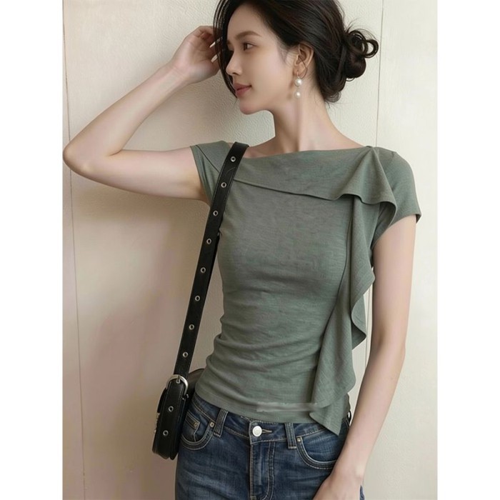 Korean Summer New Style Casual Lazy Asymmetrical Design Off-shoulder T-shirt Women's Light Lu