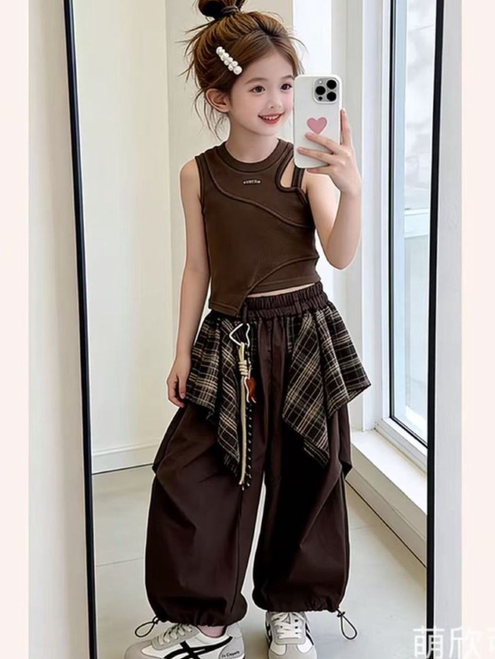 Bộ vest vest phong cách ngọt ngào mát mẻ mùa hè mới dành cho bé gái Bộ hai mảnh quần ống rộng