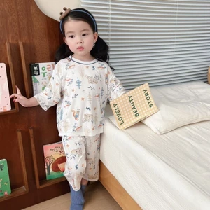 bé mùa hè co giãn thoải mái mặc nhà mỏng bé gái thoáng khí lỗ Bộ đồ ngủ Bộ trẻ em mềm mại bé tra