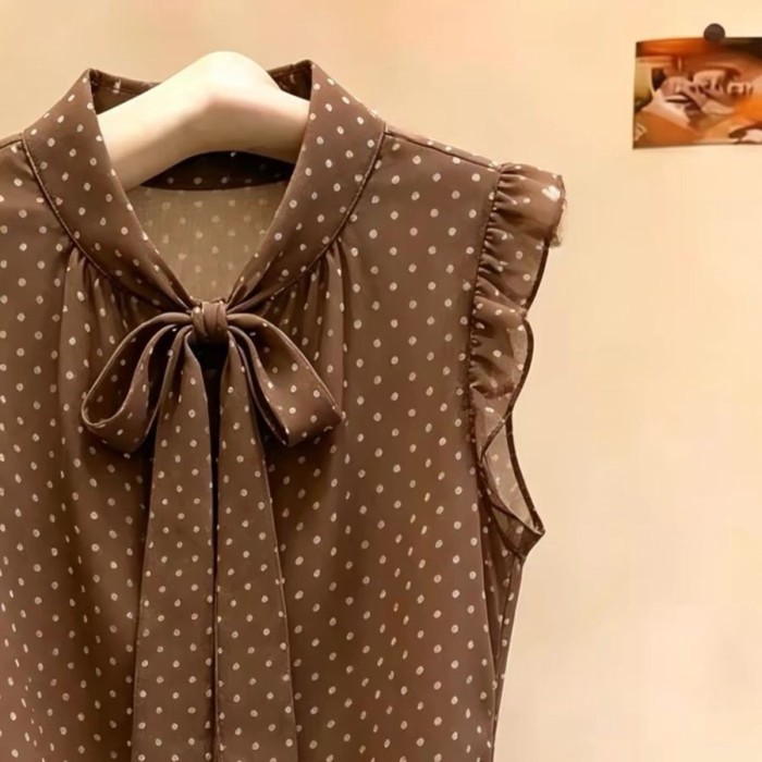 Áo sơ mi thắt nơ chấm bi cổ điển kiểu Pháp dành cho nữ, phong cách mùa hè mới, áo mỏng và đa