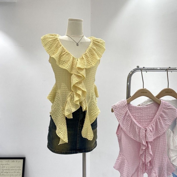Áo len mỏng không tay không đều diềm xếp nếp mùa hè màu hồng mới áo vest cô gái ngọt ngào kiể