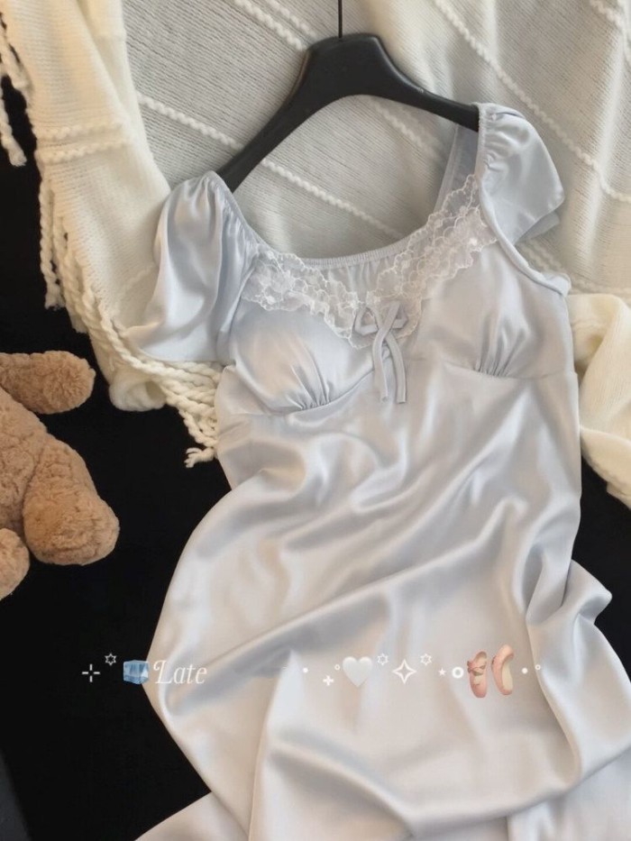 Beautiful Crushed Ice Blue Lace Nightgown For Women Summer Sweet High-end Pajamas Home Wear For