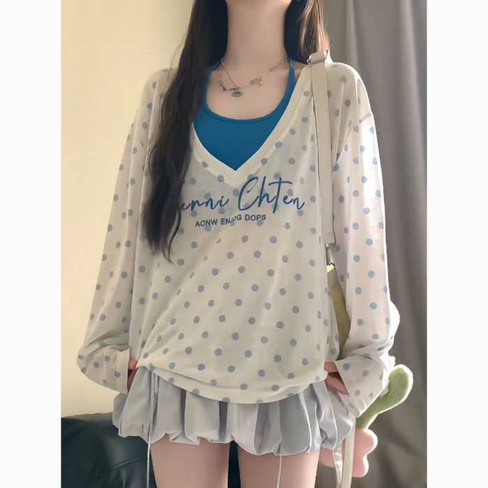 Áo dài tay chống nắng chấm bi cho nữ dây đeo cổ màu xanh phong cách Hàn Quốc dáng ôm thời trang