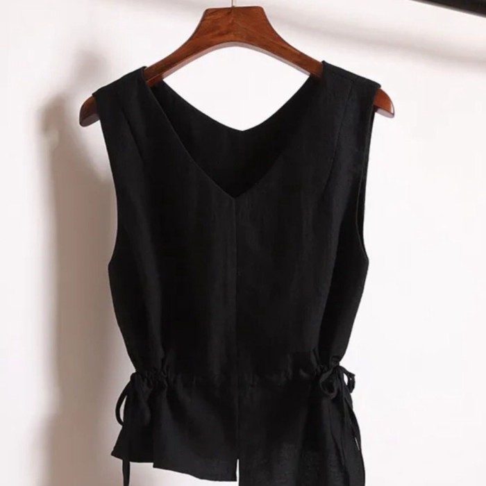 Áo vest không tay cổ chữ V bất đối xứng thắt lưng phong cách Hàn Quốc dành cho nữ mùa hè phon