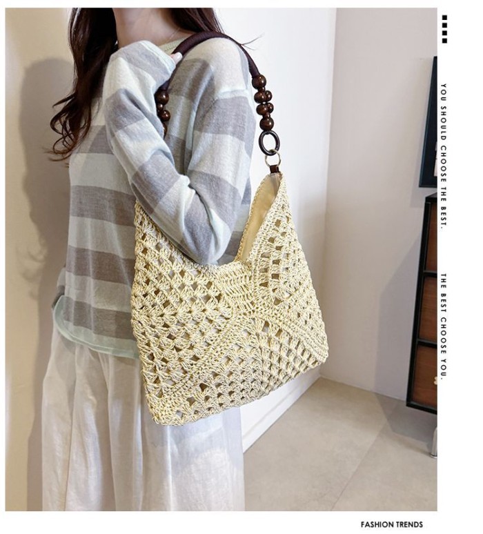 Love Lazy Style Hollow Woven Bag Women's New Travel Shoulder Tote Bag Beach Straw Bag