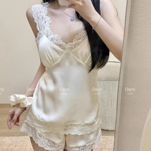 bộ đồ ngủ satin lụa băng cho nữ mùa xuân hè, quần lửng cao cấp, mỏng, gợi cảm, đồ mặc nhà, áo kh