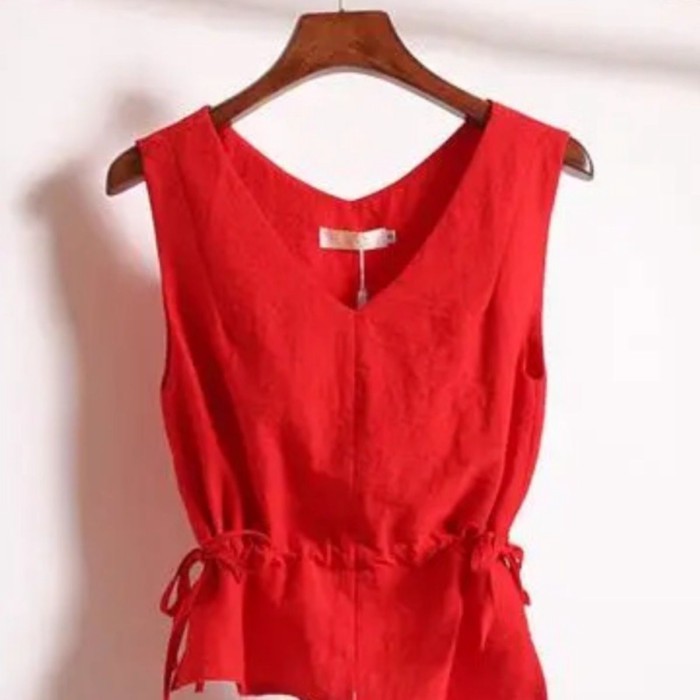 Áo vest không tay cổ chữ V bất đối xứng thắt lưng phong cách Hàn Quốc dành cho nữ mùa hè phon