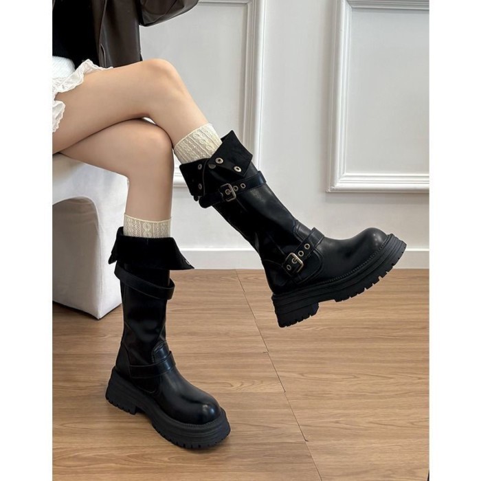 Giày bốt cao cổ cho nữ mùa hè mới Giày cao cổ màu nâu Maillard Knight bốt bốt Martin đế dày