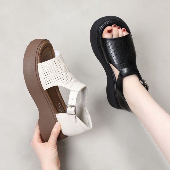 Giày sandal đế dày mùa hè kiểu La Mã có chân váy Giày sandal đi biển đế mềm hở mũi nhỏ dành cho nữ