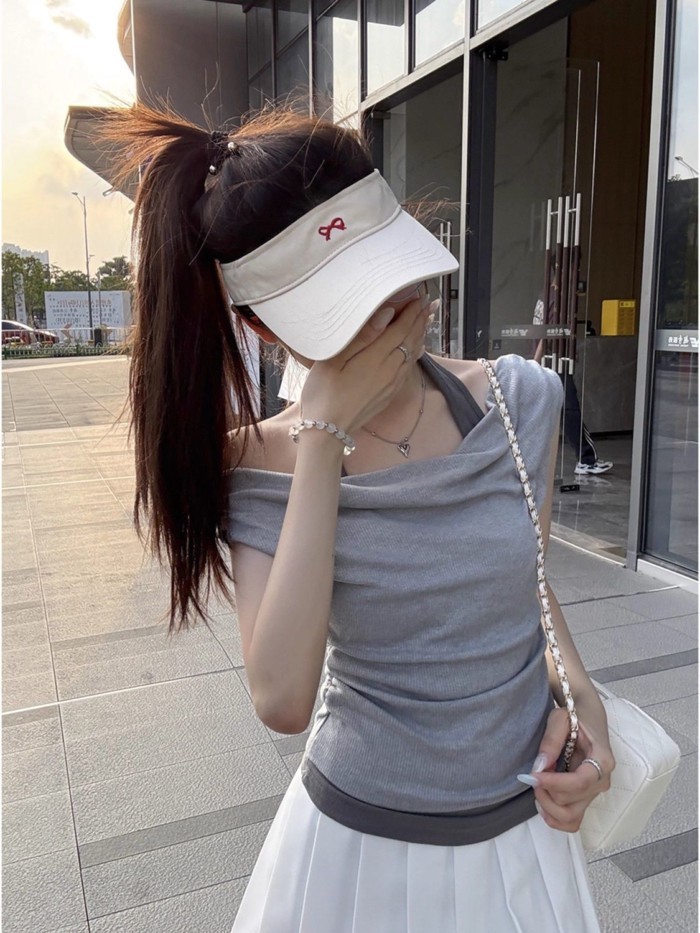 American Retro Swing Collar Halter Neck Short-sleeved T-shirt For Women Summer Slim Short Fak
