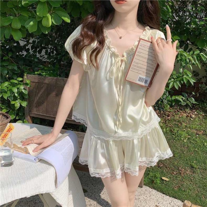 bộ đồ ngủ lụa băng ren cao cấp của Pháp dành cho nữ phong cách mùa hè tay ngắn quần áo mặc ở nhà