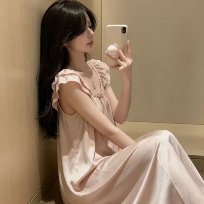 Bộ đồ ngủ bằng lụa băng nữ có đệm ngực, váy ngủ dài vừa phải, nhẹ nhàng, tinh tế, thời trang,