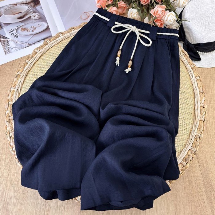 Kích Thước Lớn Màu Xanh Hải Quân Cotton Và Vải Lanh Quần Ống Rộng Mùa Hè Mới Mỏng Đa Năng Thoáng