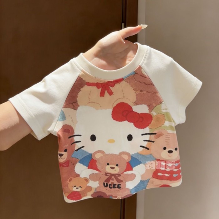 Cute Cartoon Splicing Short-sleeved T-shirt Girls Pure Cotton Summer Wear New Baby Style Kt C