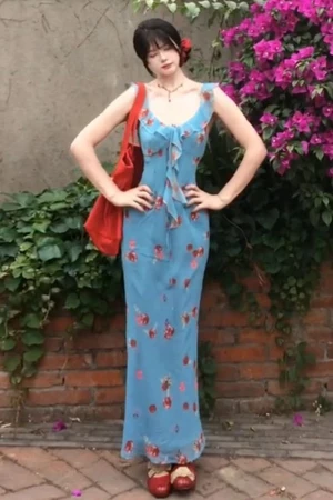 Dopamine Đẹp Giỏ Hoa Màu Ren Suspender Dress Đi Biển Kỳ Nghỉ Nàng Tiên Cá Áo Dài