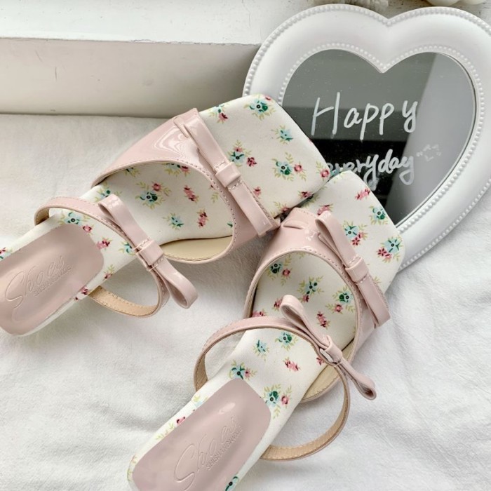 Hoa ngọt ngào nhỏ thơm kiểu sandal gót dày dành cho nữ mặc váy siêu cổ tích nơ nêm