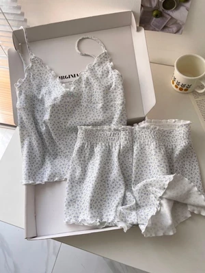 Bộ quần short hai dây in hoa tươi Nhật Bản Bộ đồ hai mảnh mỏng ngọt ngào dành cho nữ