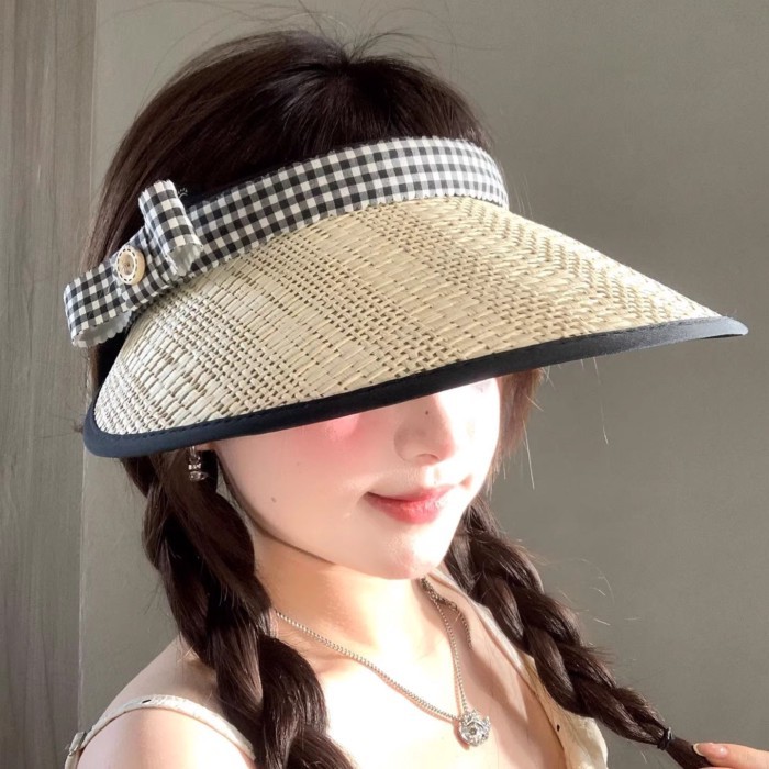 Cute Bow Straw Hollow Top Sun Hat For Women Summer New Style Big Brim Sunshade Straw Hat Outd