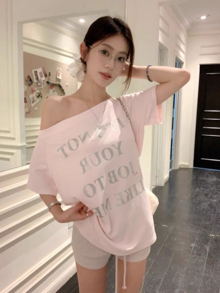 Áo thun ngắn tay trễ vai màu hồng Mỹ dành cho nữ thiết kế niche, áo trễ vai dáng rộng