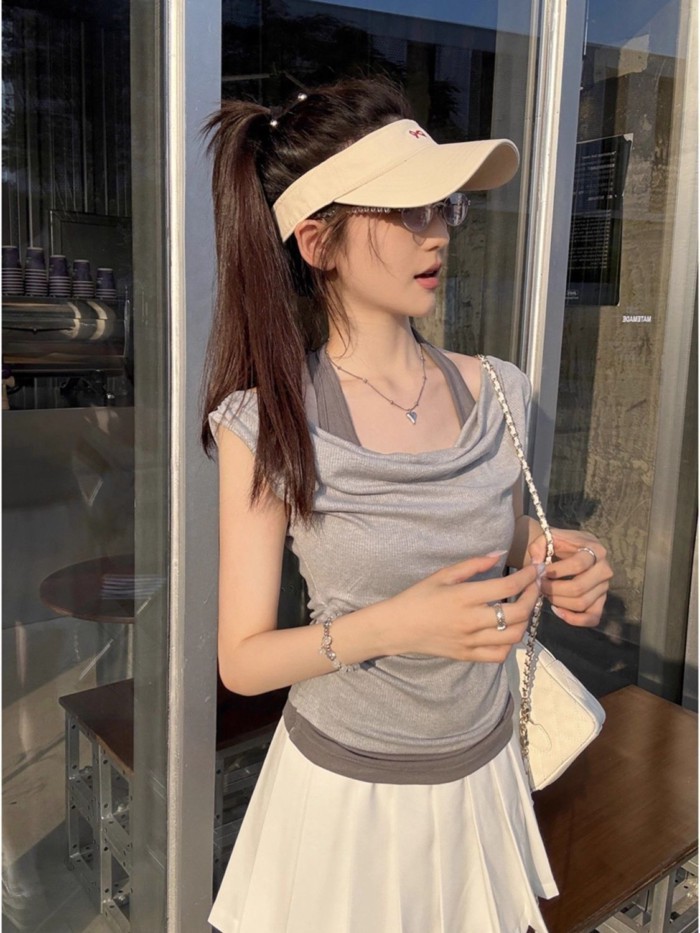 American Retro Swing Collar Halter Neck Short-sleeved T-shirt For Women Summer Slim Short Fak