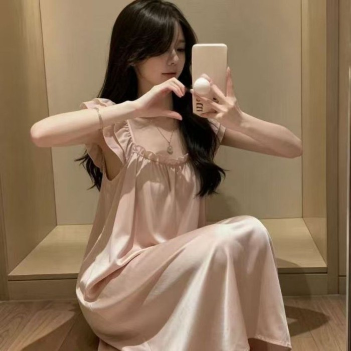 Bộ đồ ngủ bằng lụa băng nữ có đệm ngực, váy ngủ dài vừa phải, nhẹ nhàng, tinh tế, thời trang,