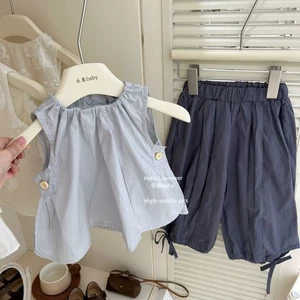 Bộ đồ mùa hè và phong cách hàn quốc bé gái, áo vest tay bay sành điệu, quần thể thao, quần chống