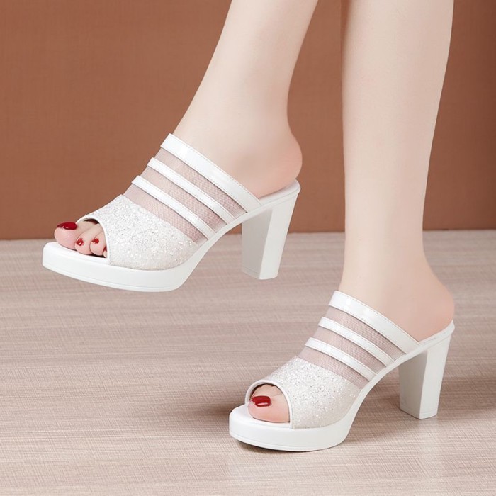 Giày nữ đế dày đế dày miệng cá thời trang giày nữ lưới đa năng mặc ngoài mùa hè Dép xỏ ngón cỡ lớn