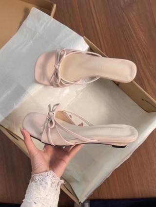 French Nude Bow Slippers For Women Summer Outer Wear New Style With Skirt Wedge Heel Gentle A