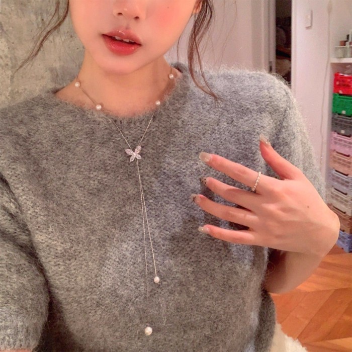 Lan ~ Phiên Bản Hàn Quốc Nhấp Nháy Kim Cương Bướm Ngọc Trai Mặt Dây Chuyền Vòng Cổ Nữ Ánh Sáng Sang Trọng Cao Cấp Xương Đòn Dây Chuyền Sang Trọng Phụ Kiện