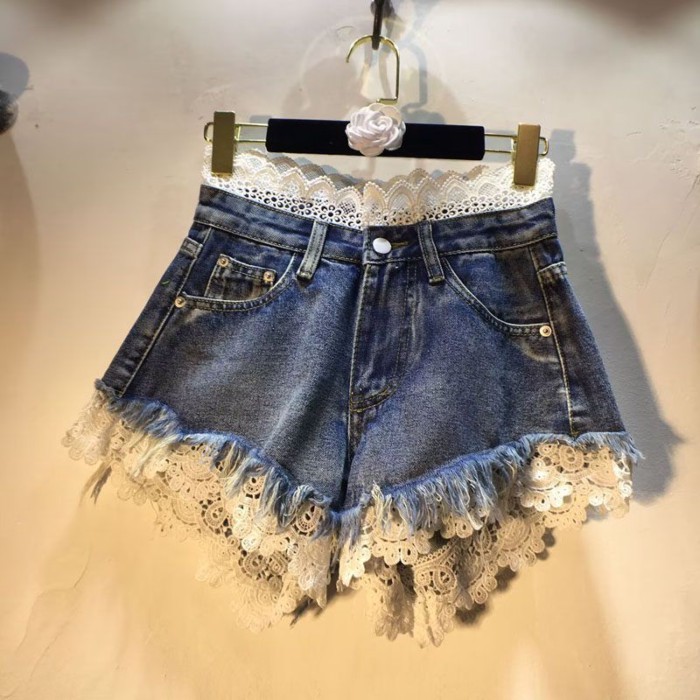 Quần Áo Mùa Hè Châu Âu Phong Cách Mới Ghép Ren Cao Cấp Ôm Nguyên Edge Quần Short Denim Nóng Quần