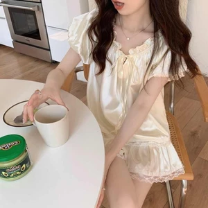 bộ đồ ngủ lụa băng ren cao cấp của Pháp dành cho nữ phong cách mùa hè tay ngắn quần áo mặc ở nhà