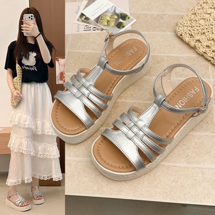 Giày sandal dệt đế dày đế dày đi làm mùa hè đế nêm có dây đeo khóa gót giày thời trang thông thường