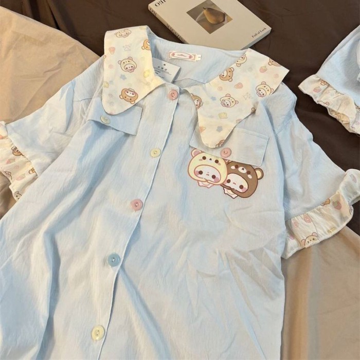bộ đồ ngủ ren gấu cho bé gái mùa hè mới dễ thương tay ngắn trẻ em bộ quần áo ở nhà quần áo máy l
