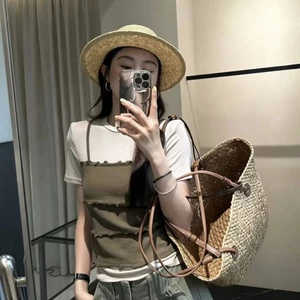 Áo thun ngắn tay giả hai dây phiên bản Hàn Quốc dành cho nữ, áo nối mùa hè mỏng và đa năng